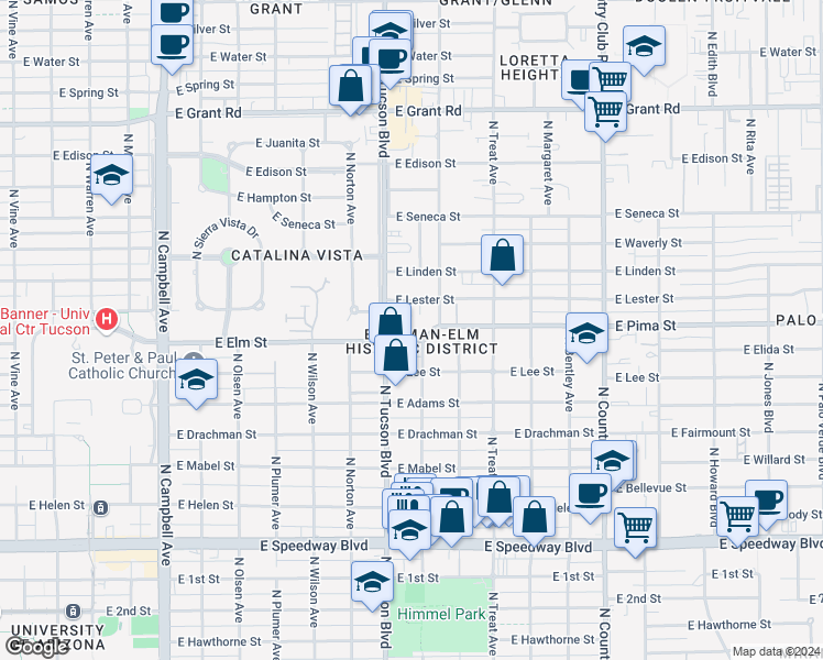 map of restaurants, bars, coffee shops, grocery stores, and more near in Tucson