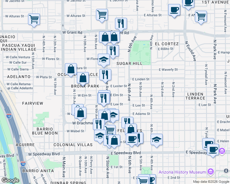 map of restaurants, bars, coffee shops, grocery stores, and more near 1690 North Stone Avenue in Tucson