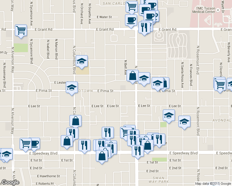 map of restaurants, bars, coffee shops, grocery stores, and more near 1633 North Venice Avenue in Tucson