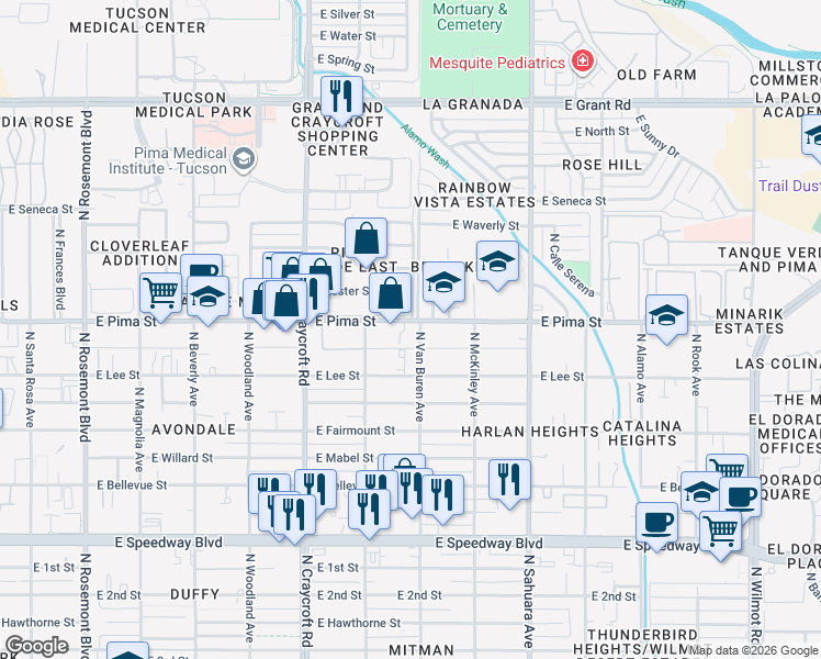 map of restaurants, bars, coffee shops, grocery stores, and more near 1639 North Van Buren Avenue in Tucson