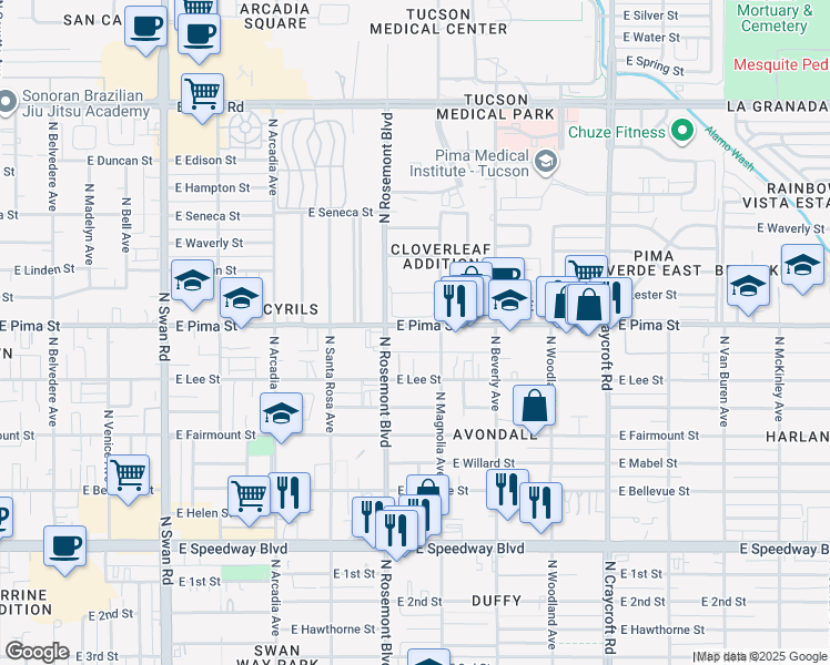 map of restaurants, bars, coffee shops, grocery stores, and more near 1631 North Sarah Place in Tucson