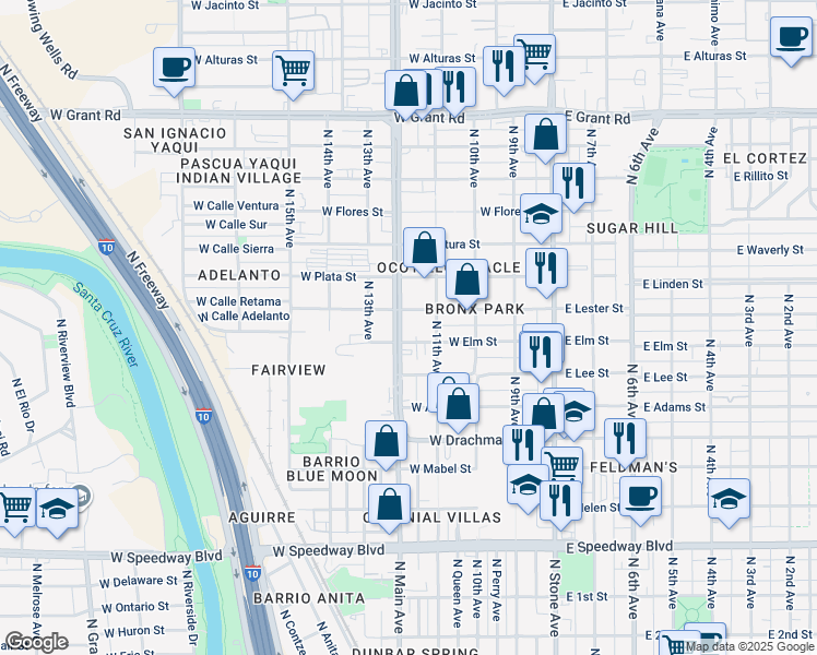 map of restaurants, bars, coffee shops, grocery stores, and more near 1650 North Oracle Road in Tucson