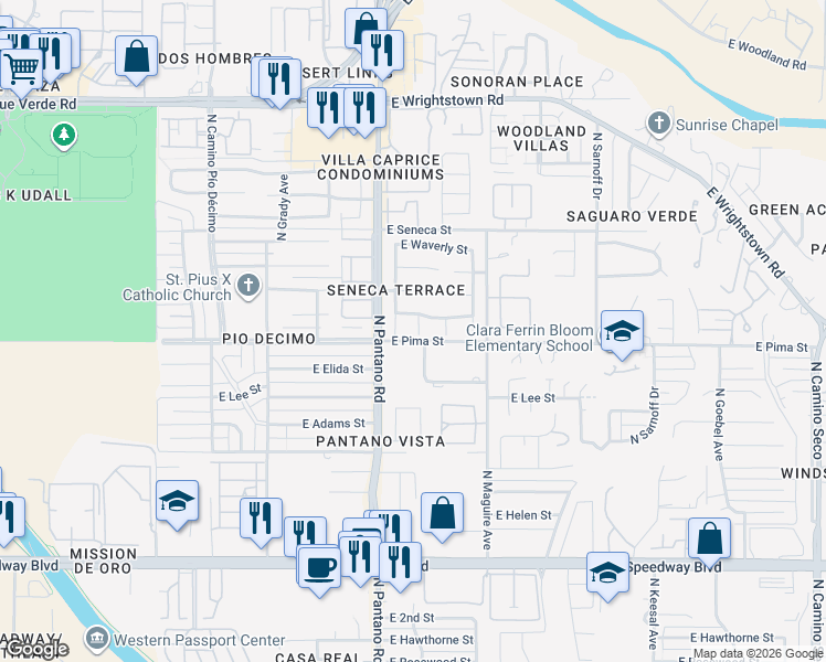map of restaurants, bars, coffee shops, grocery stores, and more near 7930 East Pima Street in Tucson