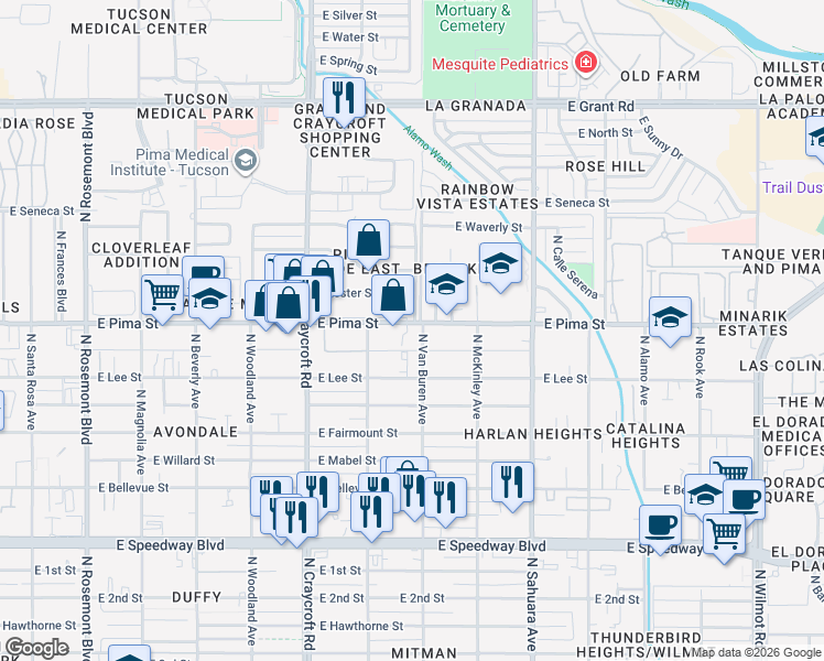 map of restaurants, bars, coffee shops, grocery stores, and more near 1639 North Van Buren Avenue in Tucson