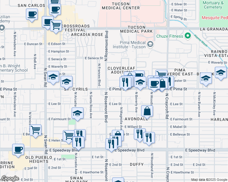 map of restaurants, bars, coffee shops, grocery stores, and more near 1631 North Sarah Place in Tucson