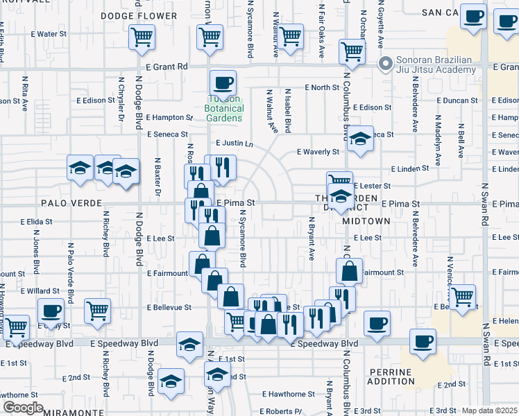 map of restaurants, bars, coffee shops, grocery stores, and more near 4034 East Pima Street in Tucson