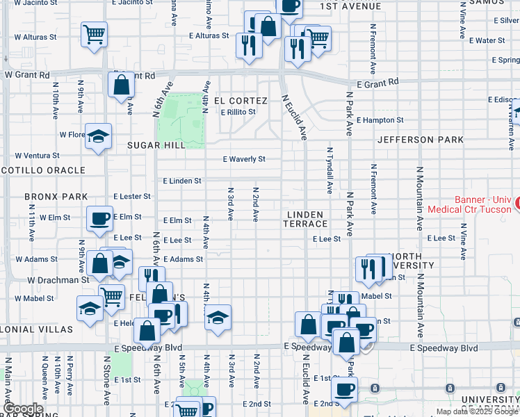 map of restaurants, bars, coffee shops, grocery stores, and more near 604 East Elm Street in Tucson