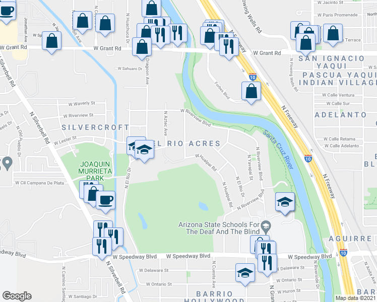 map of restaurants, bars, coffee shops, grocery stores, and more near 1455 West Hualpai Road in Tucson