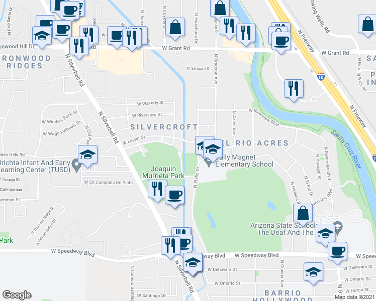map of restaurants, bars, coffee shops, grocery stores, and more near 1705 North Huachuca Avenue in Tucson