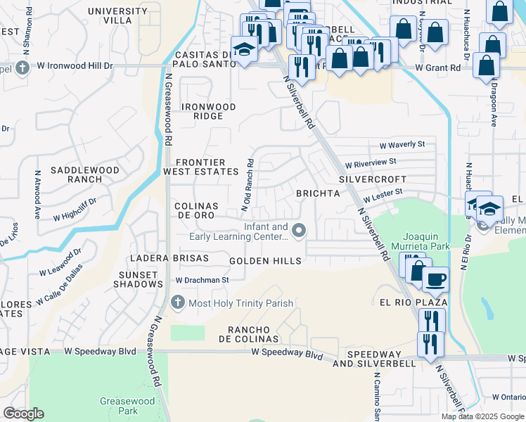 map of restaurants, bars, coffee shops, grocery stores, and more near 2255 West Golden Hills Road in Tucson