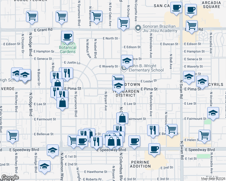 map of restaurants, bars, coffee shops, grocery stores, and more near 4232 East Pima Street in Tucson