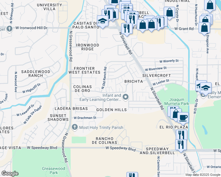 map of restaurants, bars, coffee shops, grocery stores, and more near 2255 West Golden Hills Road in Tucson