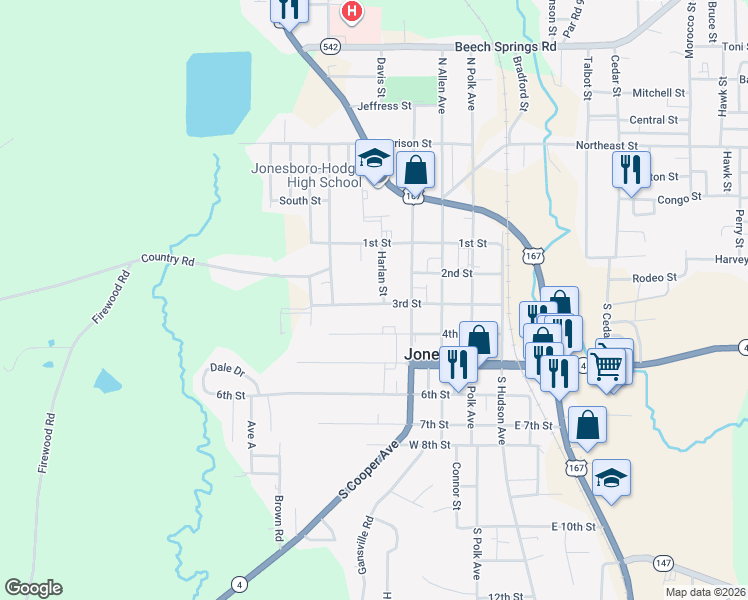 map of restaurants, bars, coffee shops, grocery stores, and more near 400-598 4th Street in Jonesboro