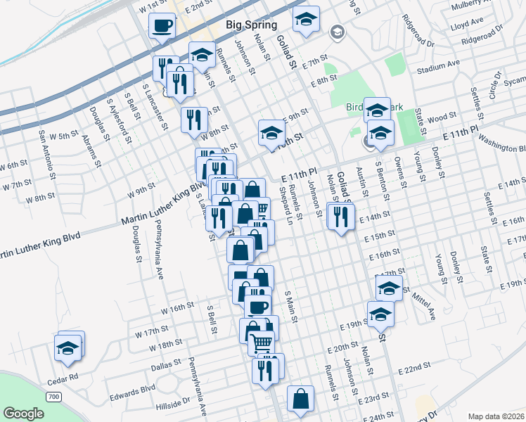 map of restaurants, bars, coffee shops, grocery stores, and more near 1300 South Main Street in Big Spring