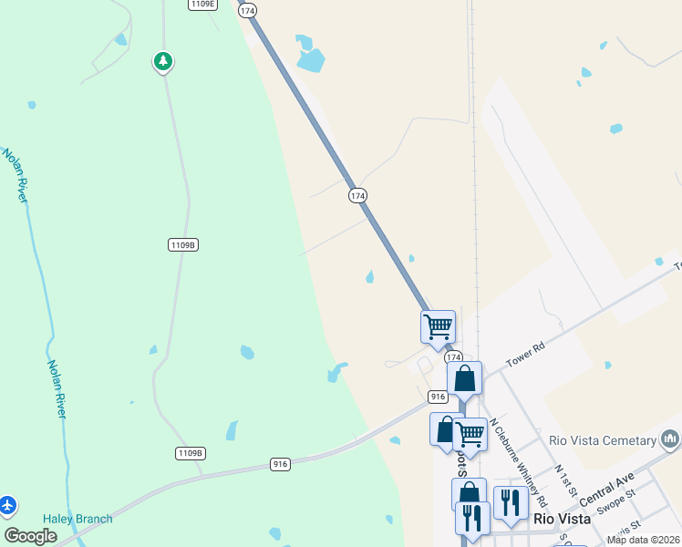 map of restaurants, bars, coffee shops, grocery stores, and more near 1017 Texas 174 in Rio Vista