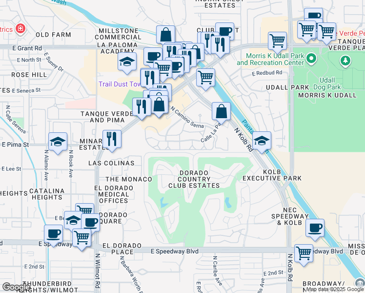 map of restaurants, bars, coffee shops, grocery stores, and more near 6648 Calle La Paz in Tucson