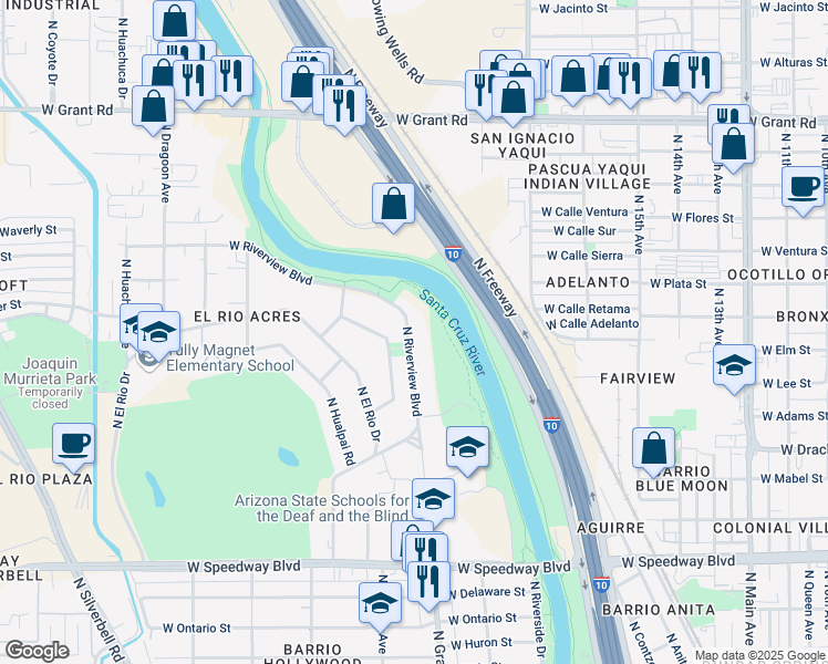 map of restaurants, bars, coffee shops, grocery stores, and more near 1624 North Riverview Boulevard in Tucson