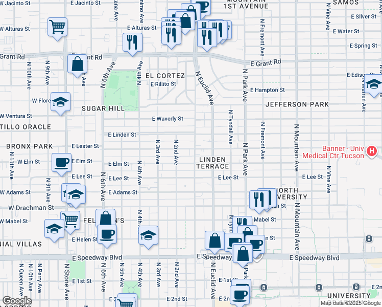 map of restaurants, bars, coffee shops, grocery stores, and more near 711 East Lester Street in Tucson