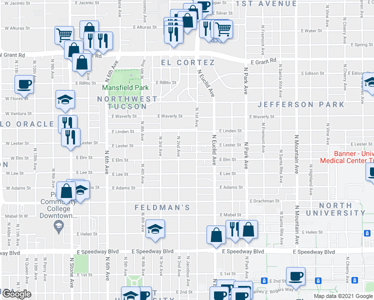 map of restaurants, bars, coffee shops, grocery stores, and more near 605 East Lester Street in Tucson