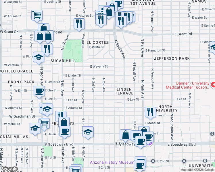 map of restaurants, bars, coffee shops, grocery stores, and more near 605 East Lester Street in Tucson