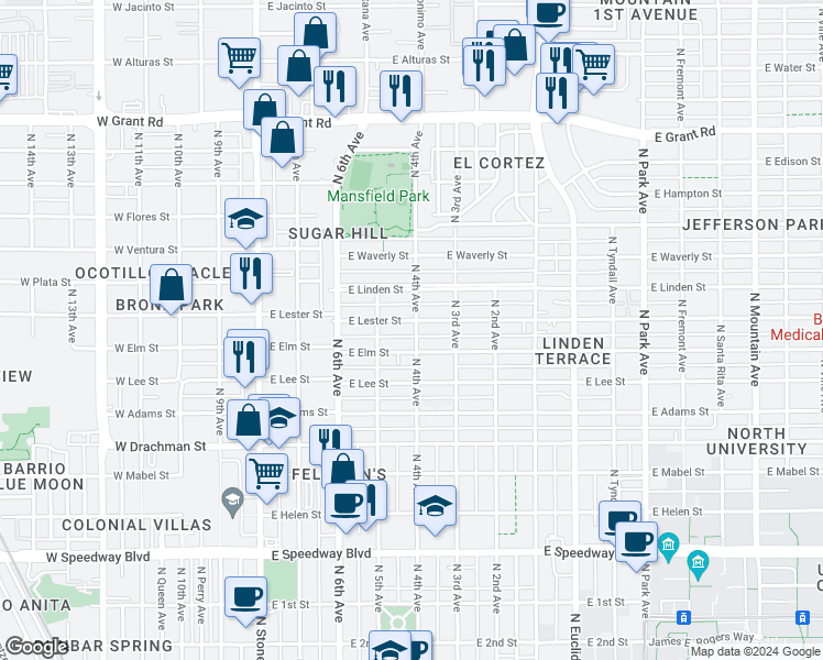 map of restaurants, bars, coffee shops, grocery stores, and more near 1806 North 4th Avenue in Tucson
