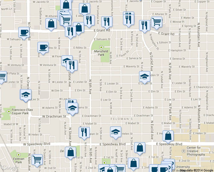 map of restaurants, bars, coffee shops, grocery stores, and more near 1820 North 5th Avenue in Tucson