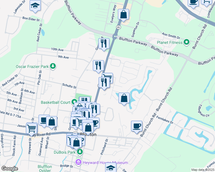 map of restaurants, bars, coffee shops, grocery stores, and more near 150 State Street in Bluffton