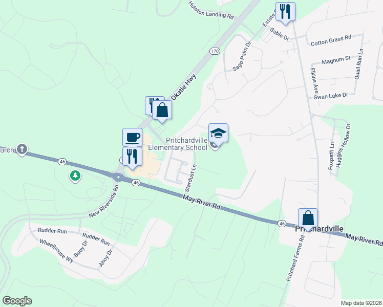 map of restaurants, bars, coffee shops, grocery stores, and more near 9345 Evan Way in Bluffton