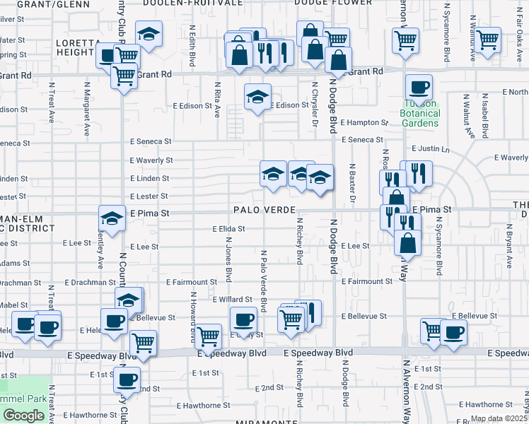 map of restaurants, bars, coffee shops, grocery stores, and more near 1702 North Palo Verde Boulevard in Tucson