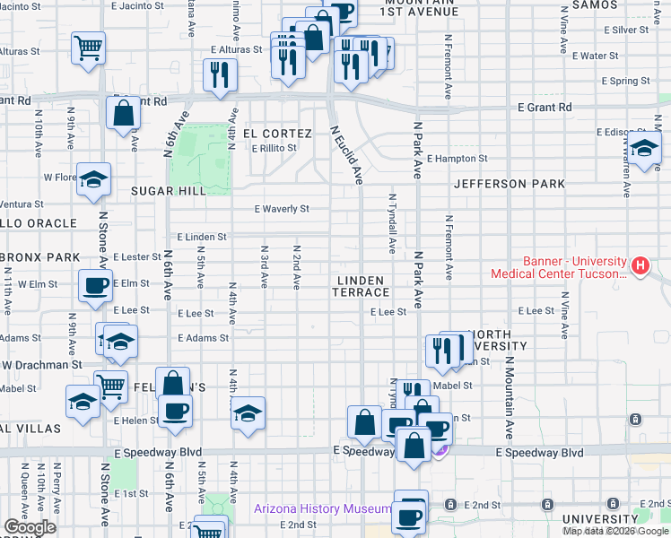 map of restaurants, bars, coffee shops, grocery stores, and more near 711 East Lester Street in Tucson