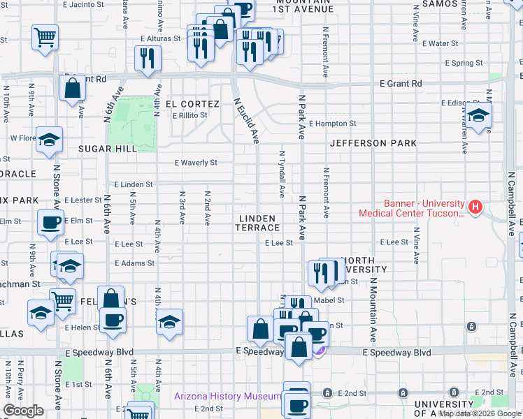 map of restaurants, bars, coffee shops, grocery stores, and more near 803 East Lester Street in Tucson