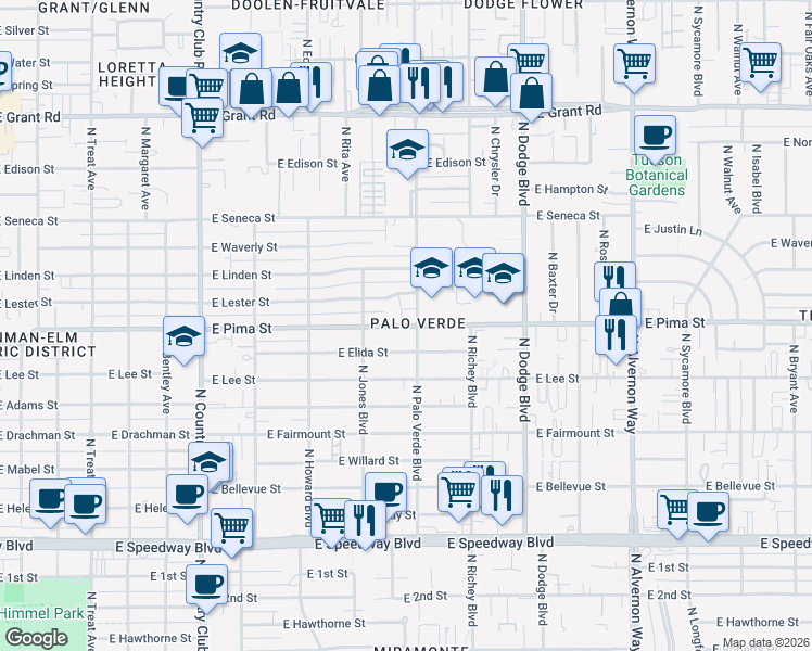 map of restaurants, bars, coffee shops, grocery stores, and more near 3455 East Pima Street in Tucson