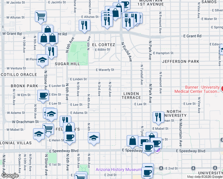 map of restaurants, bars, coffee shops, grocery stores, and more near 605 East Lester Street in Tucson