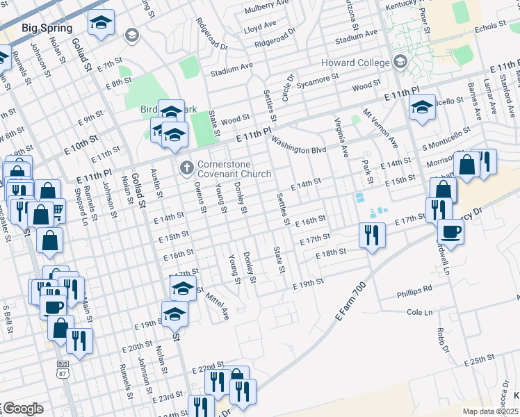 map of restaurants, bars, coffee shops, grocery stores, and more near 1002-1098 East 14th Street in Big Spring