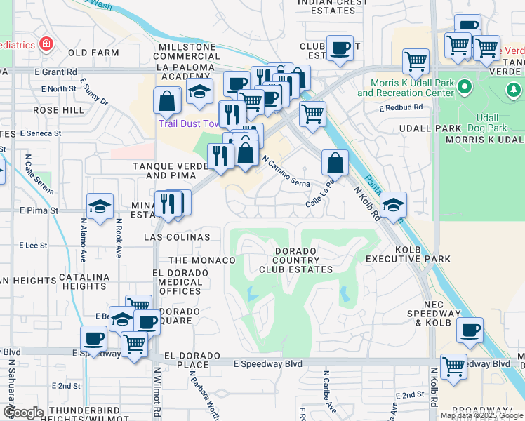 map of restaurants, bars, coffee shops, grocery stores, and more near 6601 Calle La Paz in Tucson