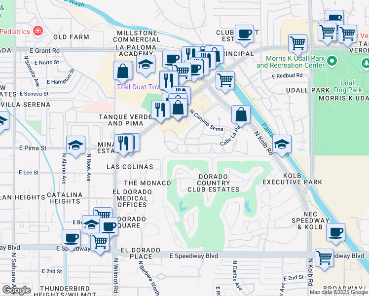 map of restaurants, bars, coffee shops, grocery stores, and more near 6601 Calle La Paz in Tucson