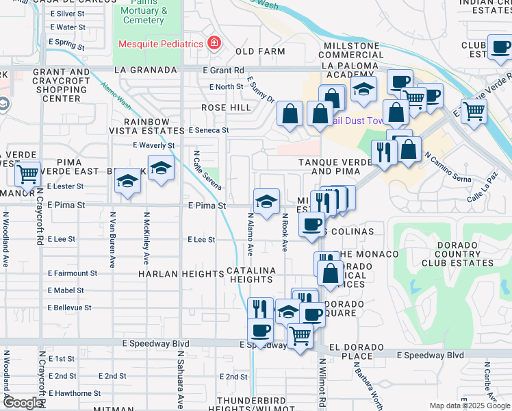 map of restaurants, bars, coffee shops, grocery stores, and more near 6119 East Pima Street in Tucson