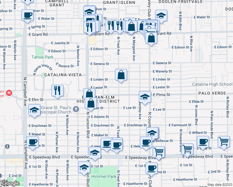 map of restaurants, bars, coffee shops, grocery stores, and more near 2802 East Lester Street in Tucson