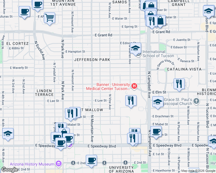 map of restaurants, bars, coffee shops, grocery stores, and more near 1425 East Lester Street in Tucson