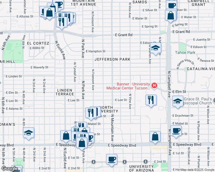 map of restaurants, bars, coffee shops, grocery stores, and more near 1818 North Santa Rita Avenue in Tucson