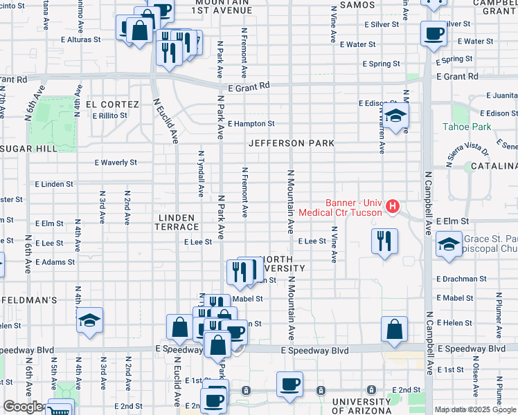 map of restaurants, bars, coffee shops, grocery stores, and more near 1107 East Lester Street in Tucson