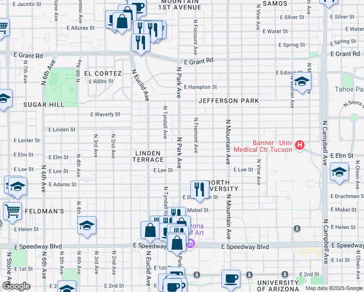 map of restaurants, bars, coffee shops, grocery stores, and more near 1804 North Park Avenue in Tucson
