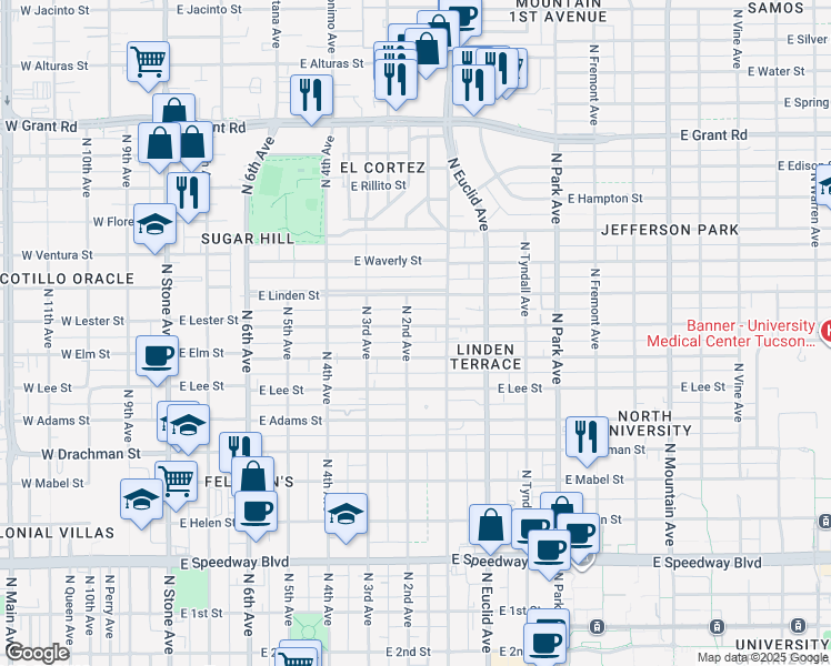 map of restaurants, bars, coffee shops, grocery stores, and more near 605 East Lester Street in Tucson