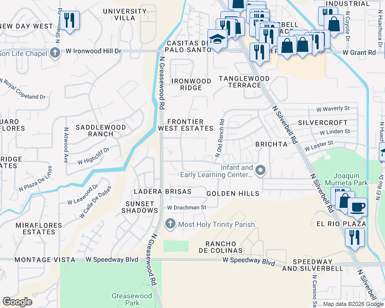 map of restaurants, bars, coffee shops, grocery stores, and more near in Tucson