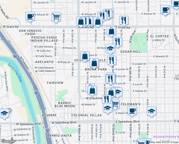 map of restaurants, bars, coffee shops, grocery stores, and more near 235 West Lester Street in Tucson