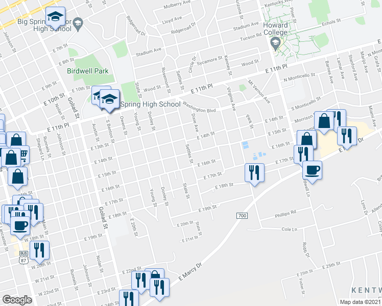 map of restaurants, bars, coffee shops, grocery stores, and more near 1212 East 15th Street in Big Spring