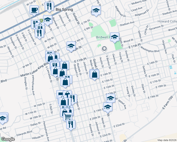 map of restaurants, bars, coffee shops, grocery stores, and more near 1205 Johnson Street in Big Spring
