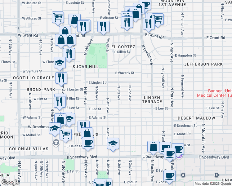 map of restaurants, bars, coffee shops, grocery stores, and more near 438 East Lester Street in Tucson