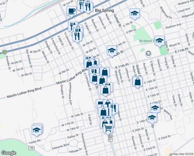 map of restaurants, bars, coffee shops, grocery stores, and more near 1101 Scurry Street in Big Spring