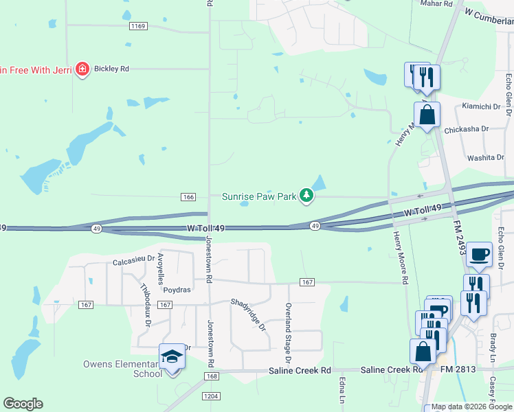 map of restaurants, bars, coffee shops, grocery stores, and more near 11636 County Road 166 in Tyler